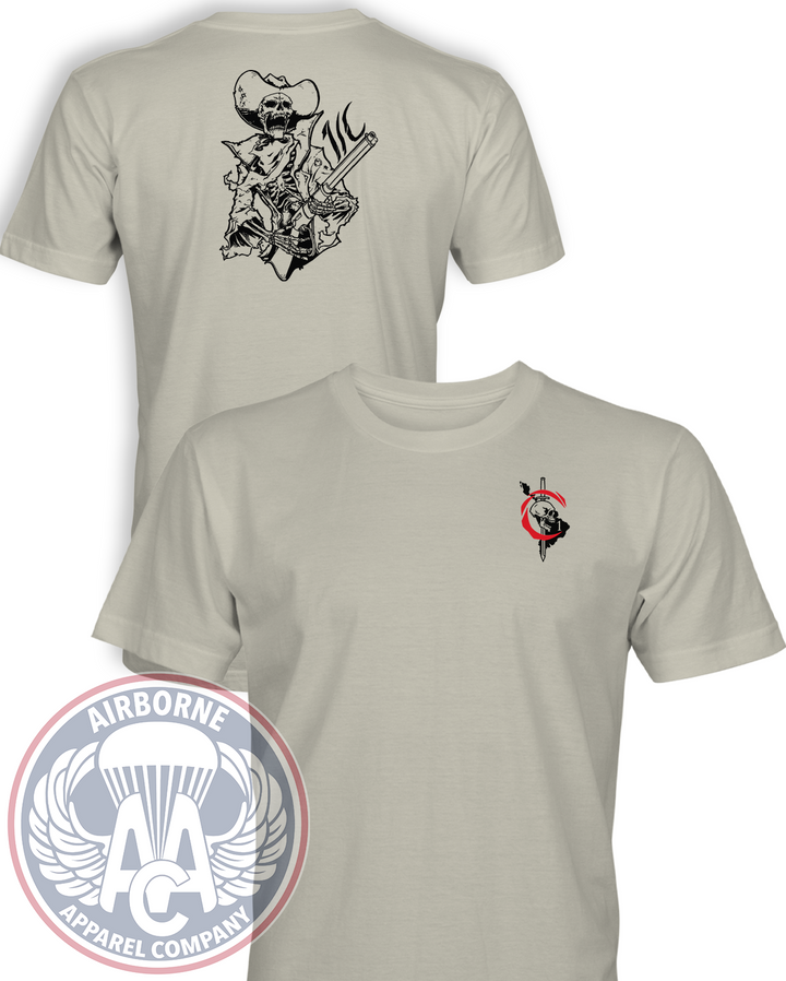1st PSYOP Battalion Charlie Company Reproduction T-shirt in Sand, front and back views