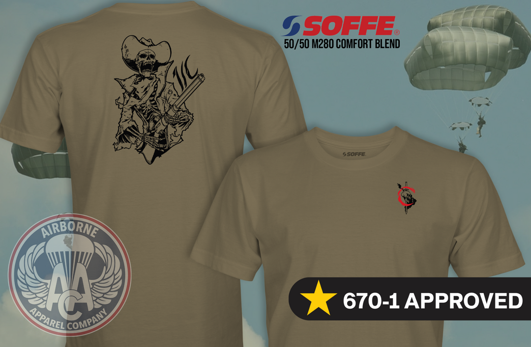 1st PSYOP Battalion Charlie Company Reproduction Soffee military T-shirt in Tan 499, front and back views