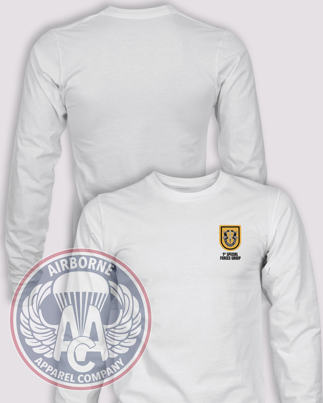 1st Special Forces Group Flash Long Sleeve T-shirt – White – 1SFG-001; front print, blank back and sleeves
