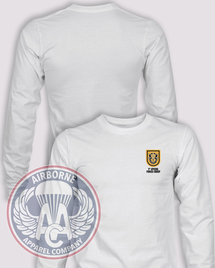 1st Special Forces Group Flash Long Sleeve T-shirt – White – 1SFG-001; front print, blank back and sleeves