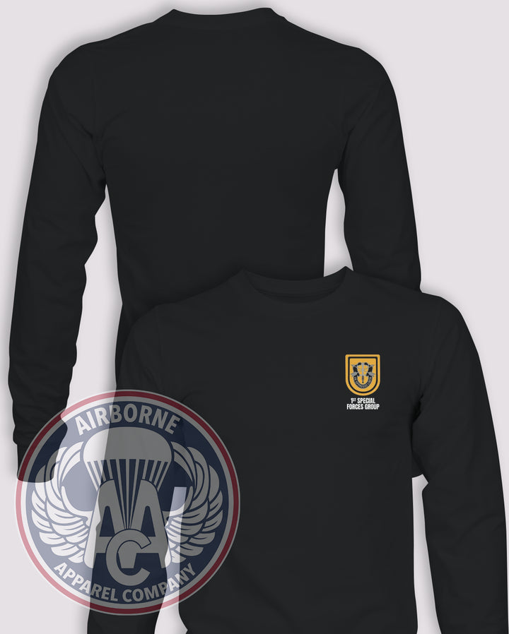 1st Special Forces Group Flash Long Sleeve T-shirt – Black – 1SFG-001B; front print, blank back and sleeves