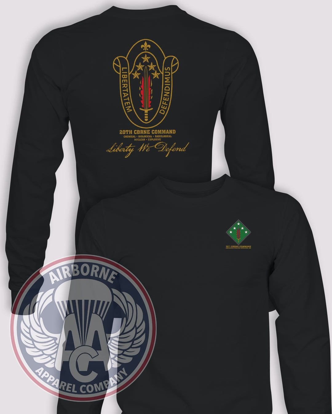 20th CBRNE Command Long-Sleeve T-Shirt, Black, front and back views