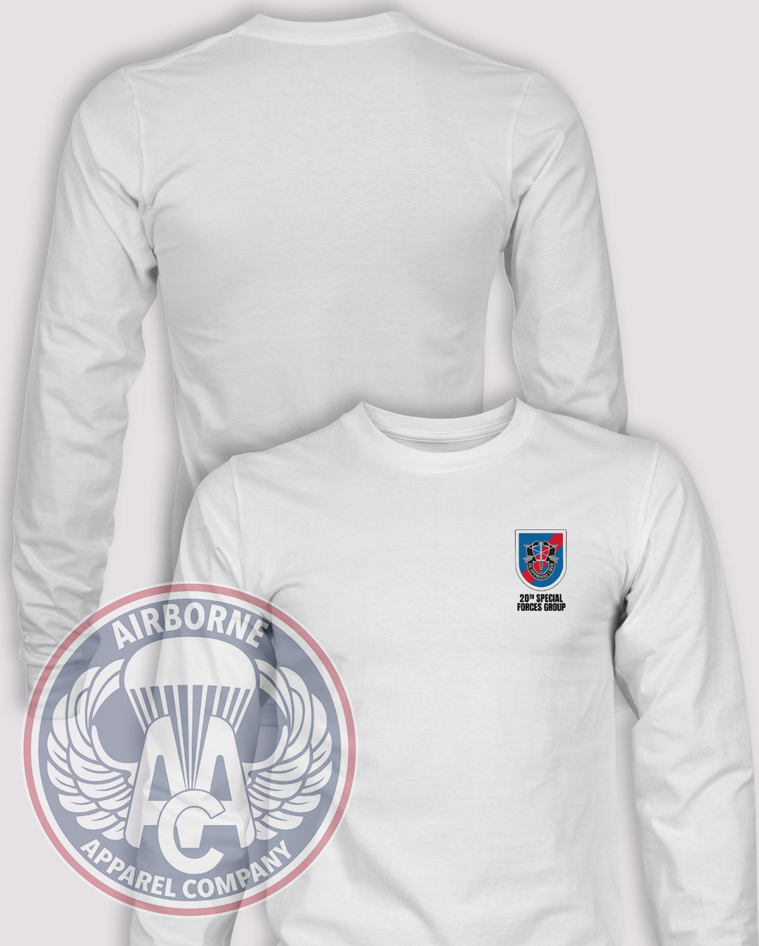 20th Special Forces Group Flash Long Sleeve T-shirt – White – 20SFG-001A; front print, blank back and sleeves