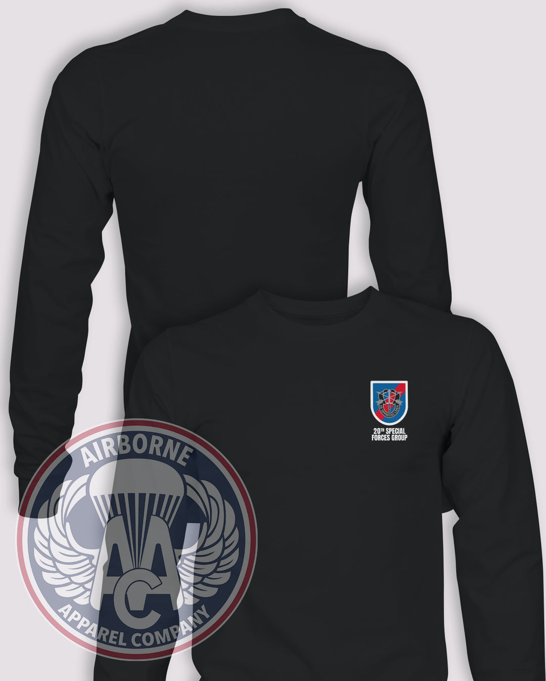 20th Special Forces Group Flash Long Sleeve T-shirt – Black – 20SFG-001B; front print, blank back and sleeves