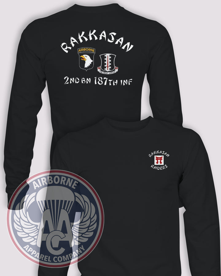 2-187 "Rakkasan Raiders" Reproduction Long-Sleeve T-Shirt, Black, front and back views