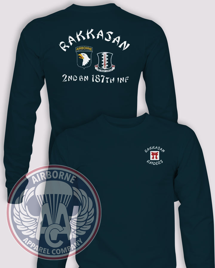 2-187 "Rakkasan Raiders" Reproduction Long-Sleeve T-Shirt, Navy, front and back views