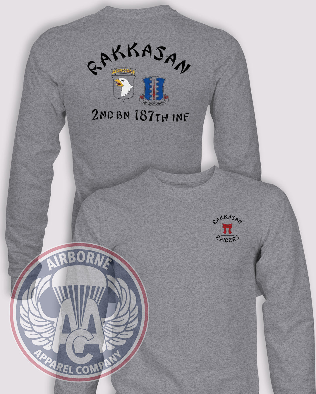 2-187 "Rakkasan Raiders" Reproduction Long-Sleeve T-Shirt, Heather Grey, front and back views
