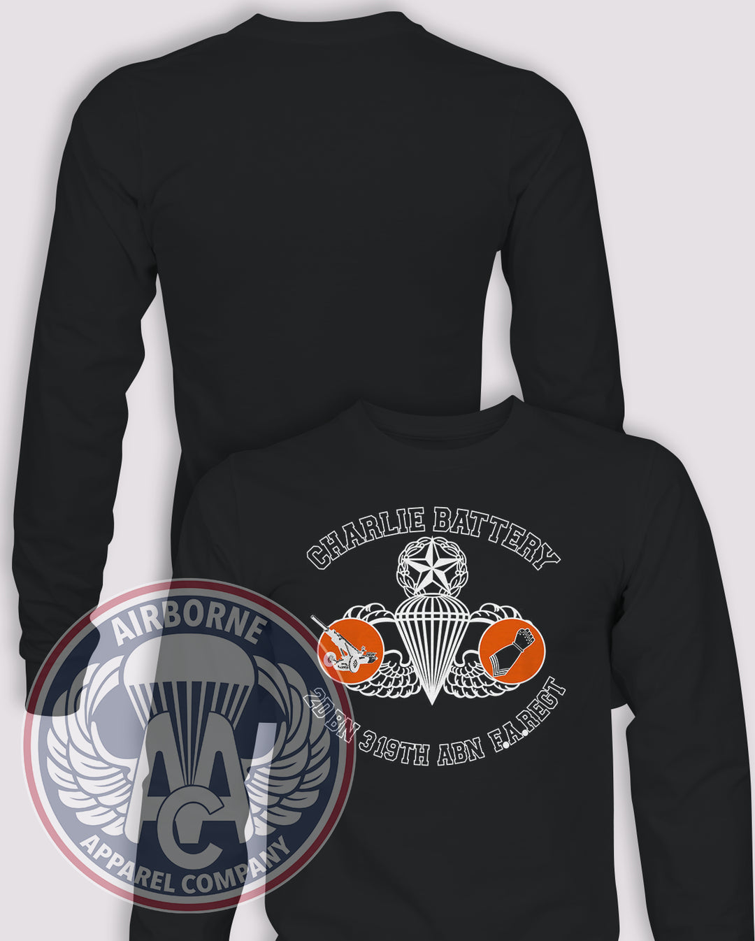 2-319th AFAR 80s Replica Long Sleeve T-shirt – Black – 2319FAR-C-003; front print, blank back and sleeves