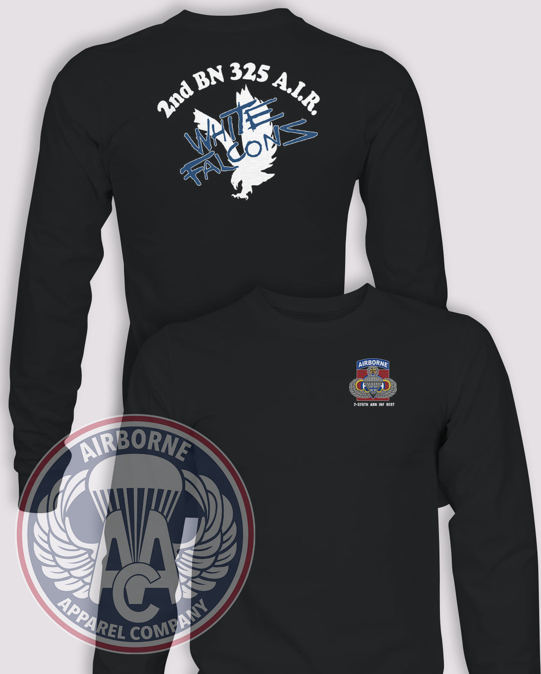 2-325 Airborne Infantry Regiment 1990s White Falcons Reproduction Long-Sleeve T-Shirt, Black, front and back views