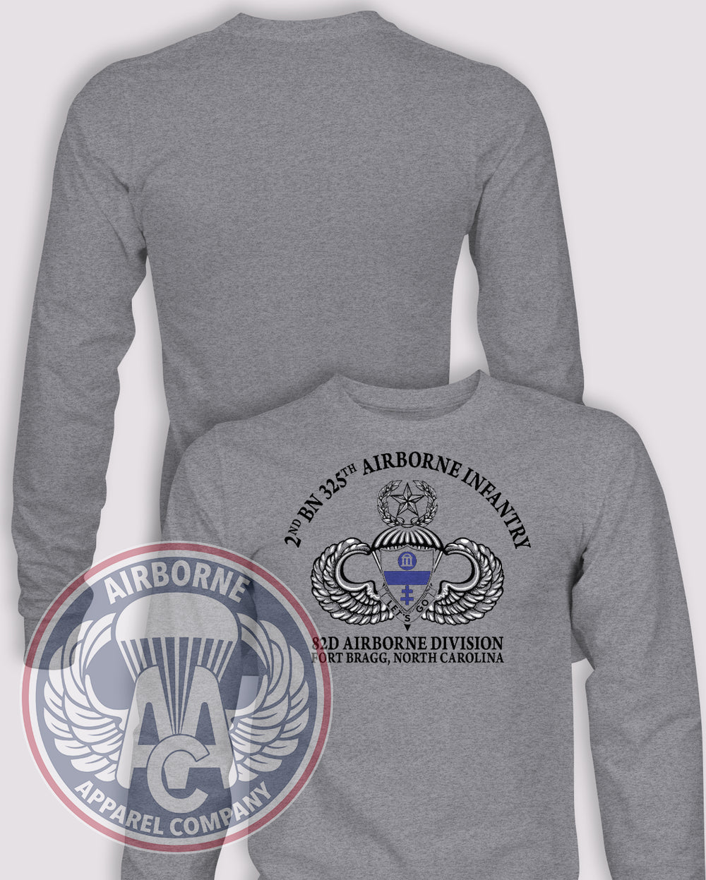 325th Airborne Infantry Regiment (A.I.R.) Division-Style Long Sleeve T-shirt – Heather Grey – 2325INF-002; front print, blank back and sleeves