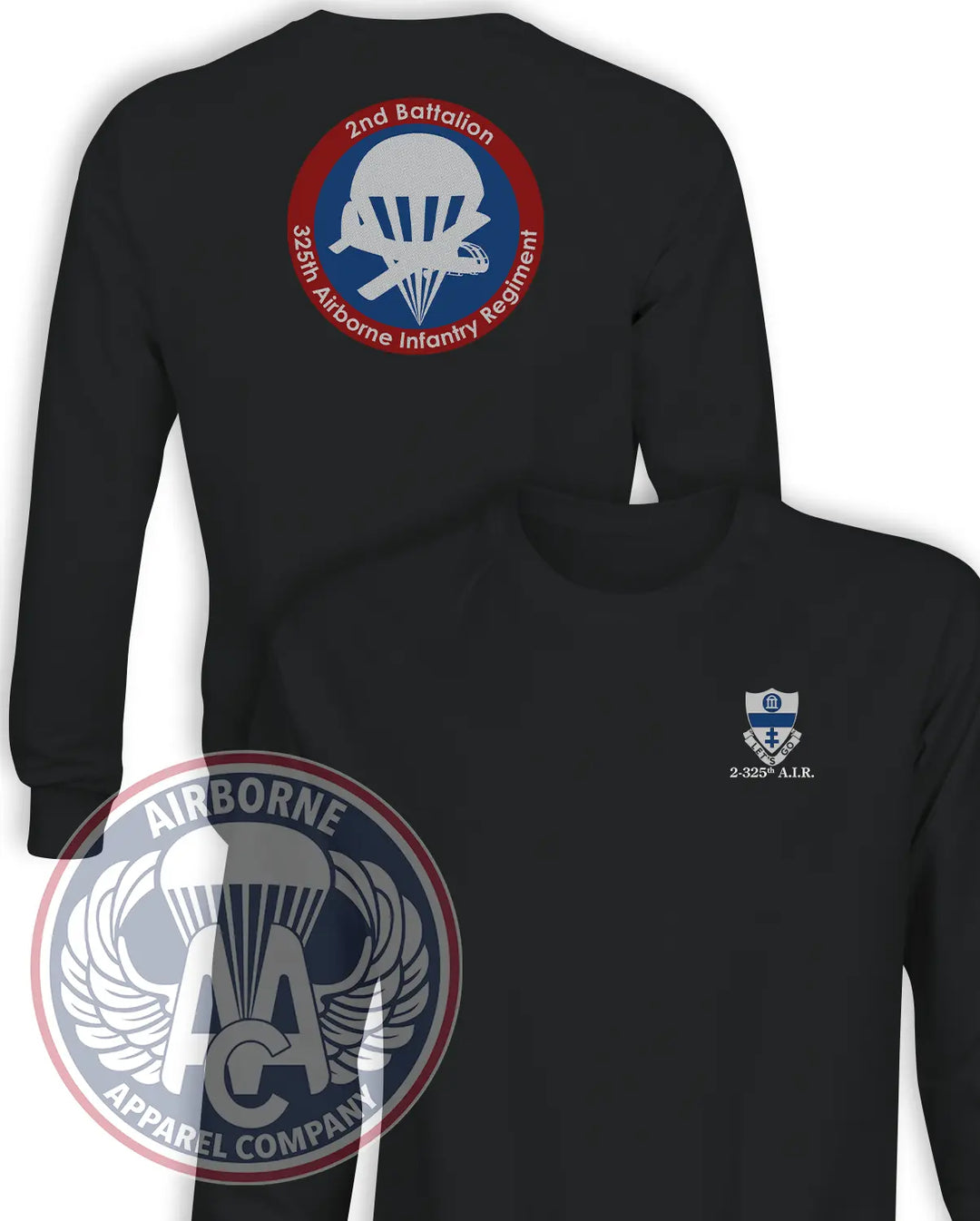 2-325 Airborne Infantry Regiment Glider Patch black crewneck, front and back views