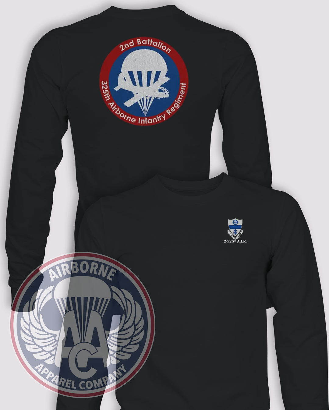 2-325 Airborne Infantry Regiment Glider Patch Long-Sleeve T-Shirt, Black, front and back views