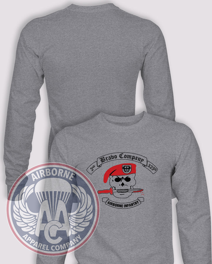 Bravo Company 2/325 PT Shirt Reproduction Long Sleeve T-shirt — Heather Grey — front print, blank back and sleeves