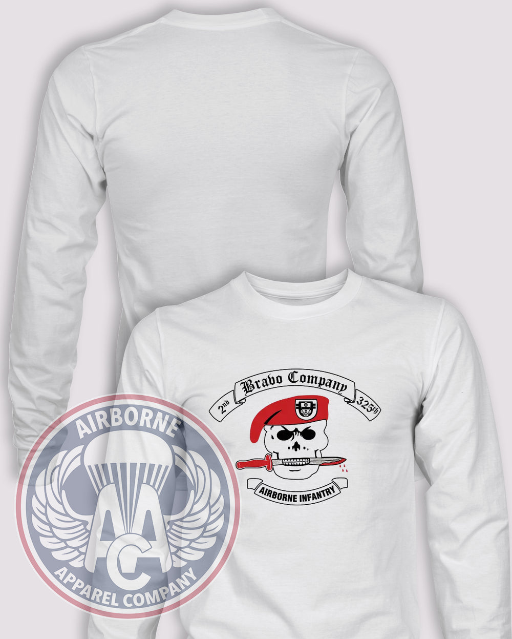 Bravo Company 2/325 PT Shirt Reproduction Long Sleeve T-shirt — White — front print, blank back and sleeves