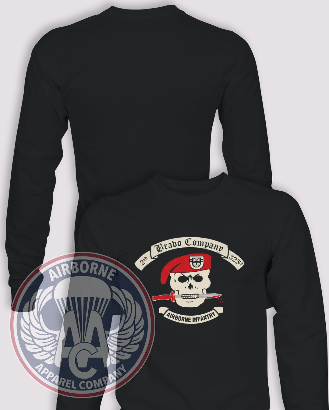 Bravo Company 2/325 PT Shirt Reproduction Long Sleeve T-shirt — Black — front print, blank back and sleeves