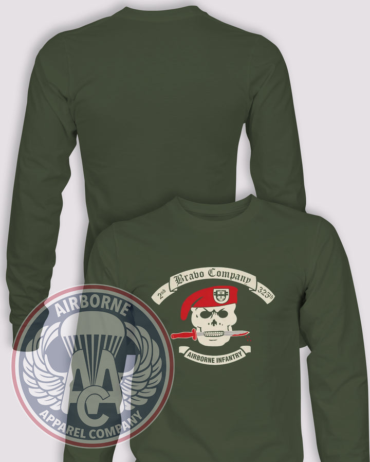Bravo Company 2/325 PT Shirt Reproduction Long Sleeve T-shirt — OD Green — front print, blank back and sleeves