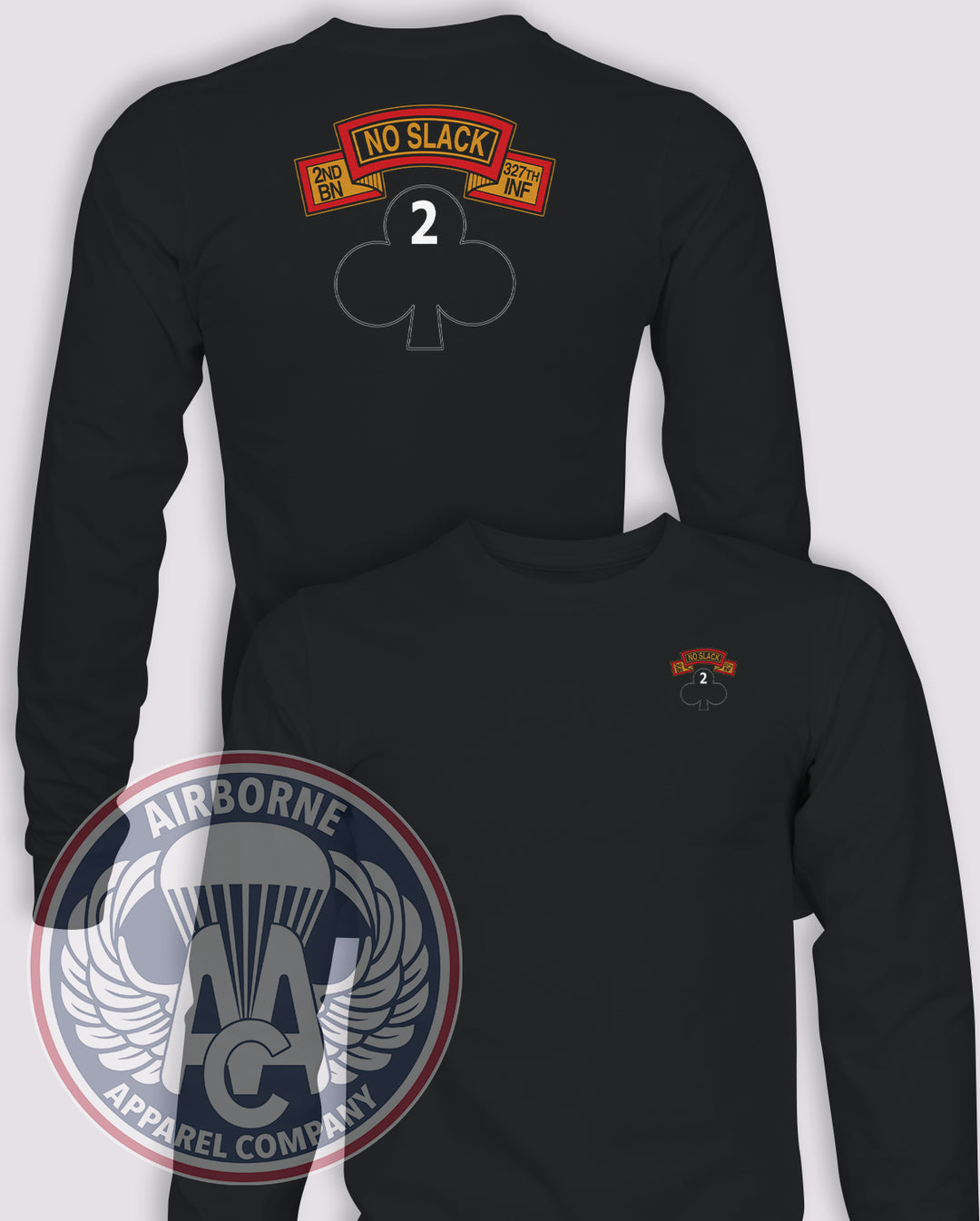2-327th Infantry "No Slack" Long-Sleeve T-Shirt, Black, front and back views