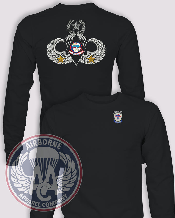 2-501st Parachute Infantry Regiment / 1BCT 2000s Reproduction Long-Sleeve T-Shirt, Black, No Thanks, front and back views