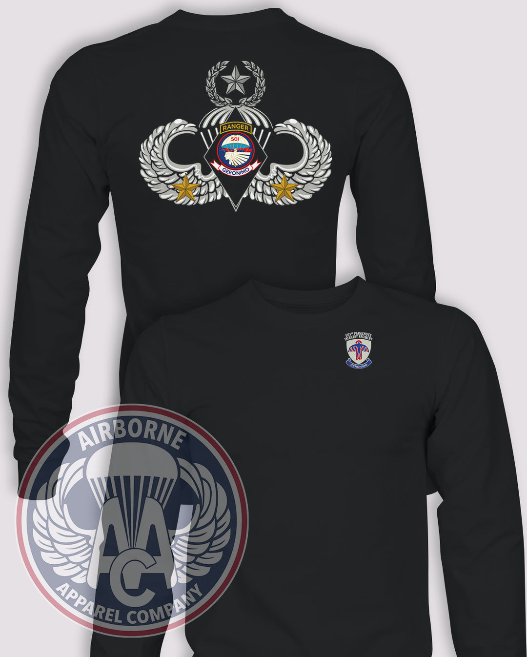 2-501st Parachute Infantry Regiment / 1BCT 2000s Reproduction Long-Sleeve T-Shirt, Black, Hell Ya! RLTFW!!, front and back views
