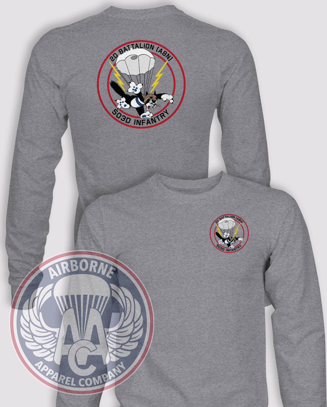 2-503 Infantry Regiment Long-Sleeve T-Shirt, Heather Grey, front and back views