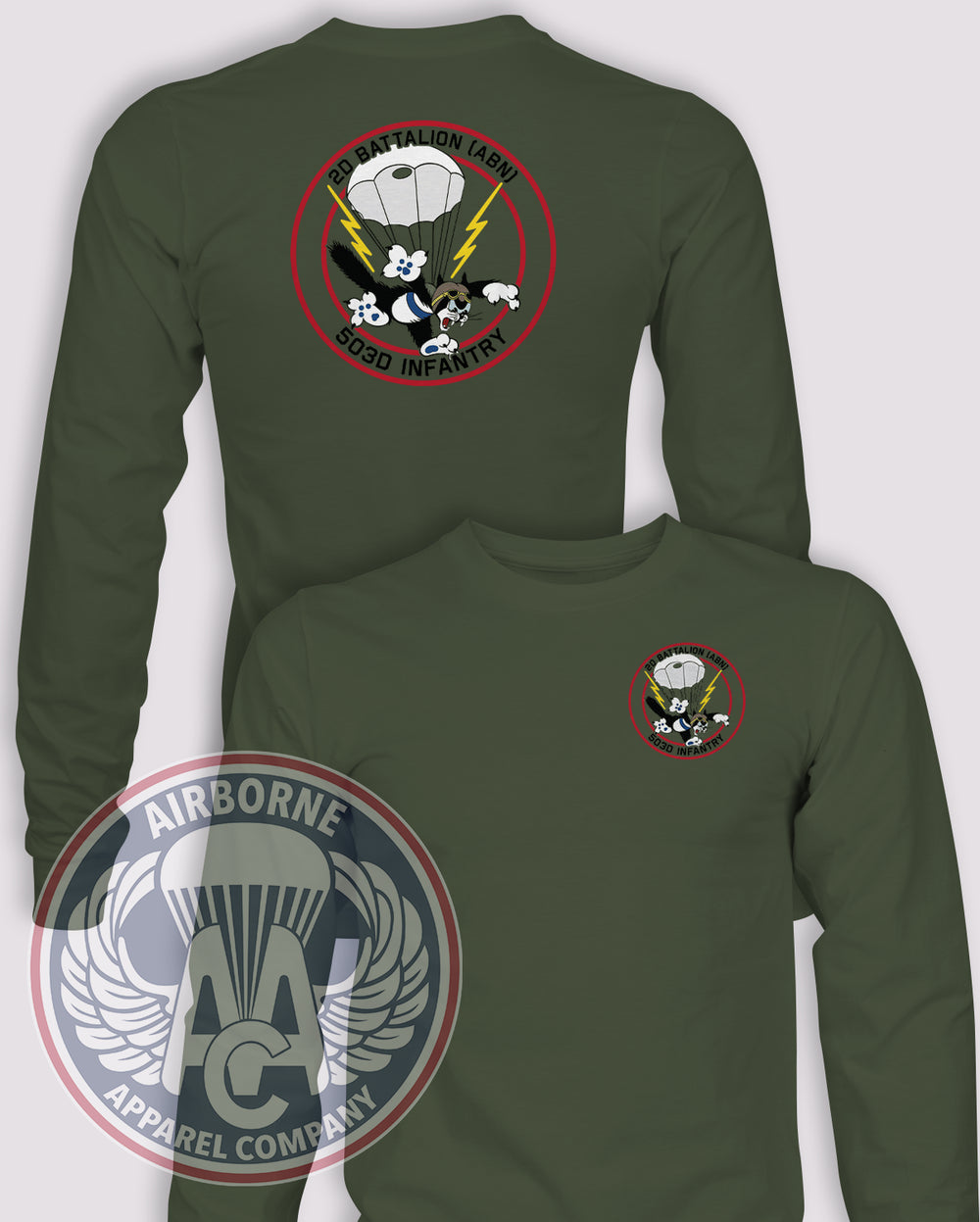 2-503 Infantry Regiment Long-Sleeve T-Shirt, OD Green, front and back views