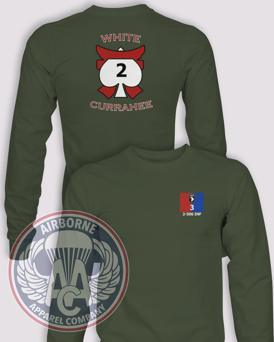2-506th Infantry Regiment Long-Sleeve T-Shirt, OD Green, front and back views