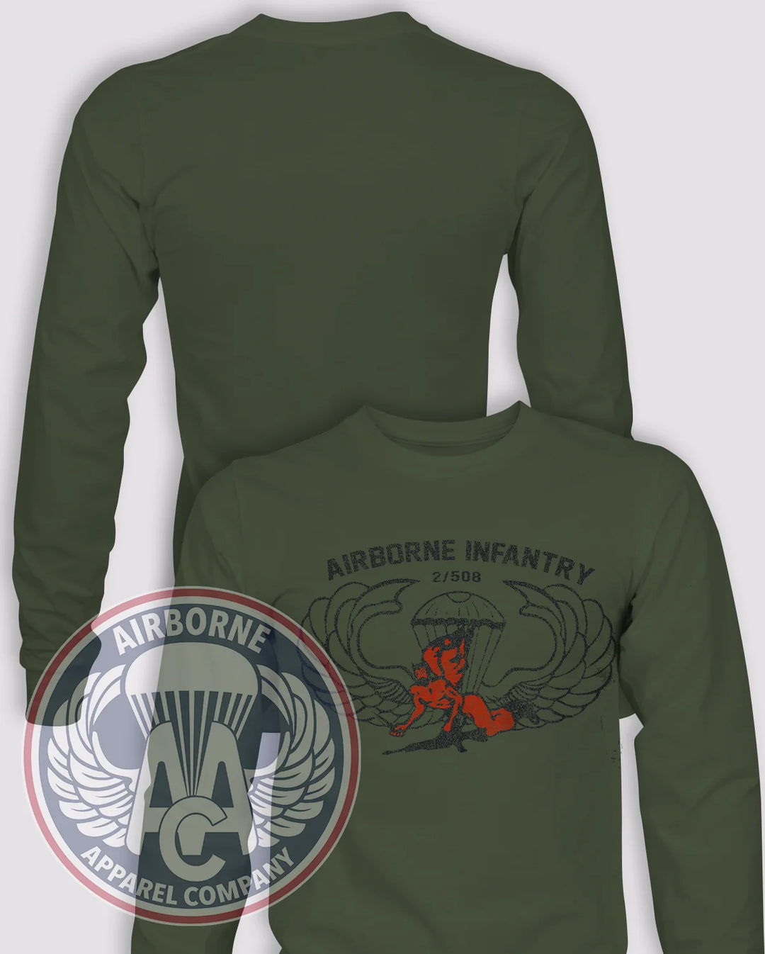 2-508 Vintage-Look 70s Reproduction Long-Sleeve T-Shirt, OD Green, front graphic and blank back; unprinted sleeves