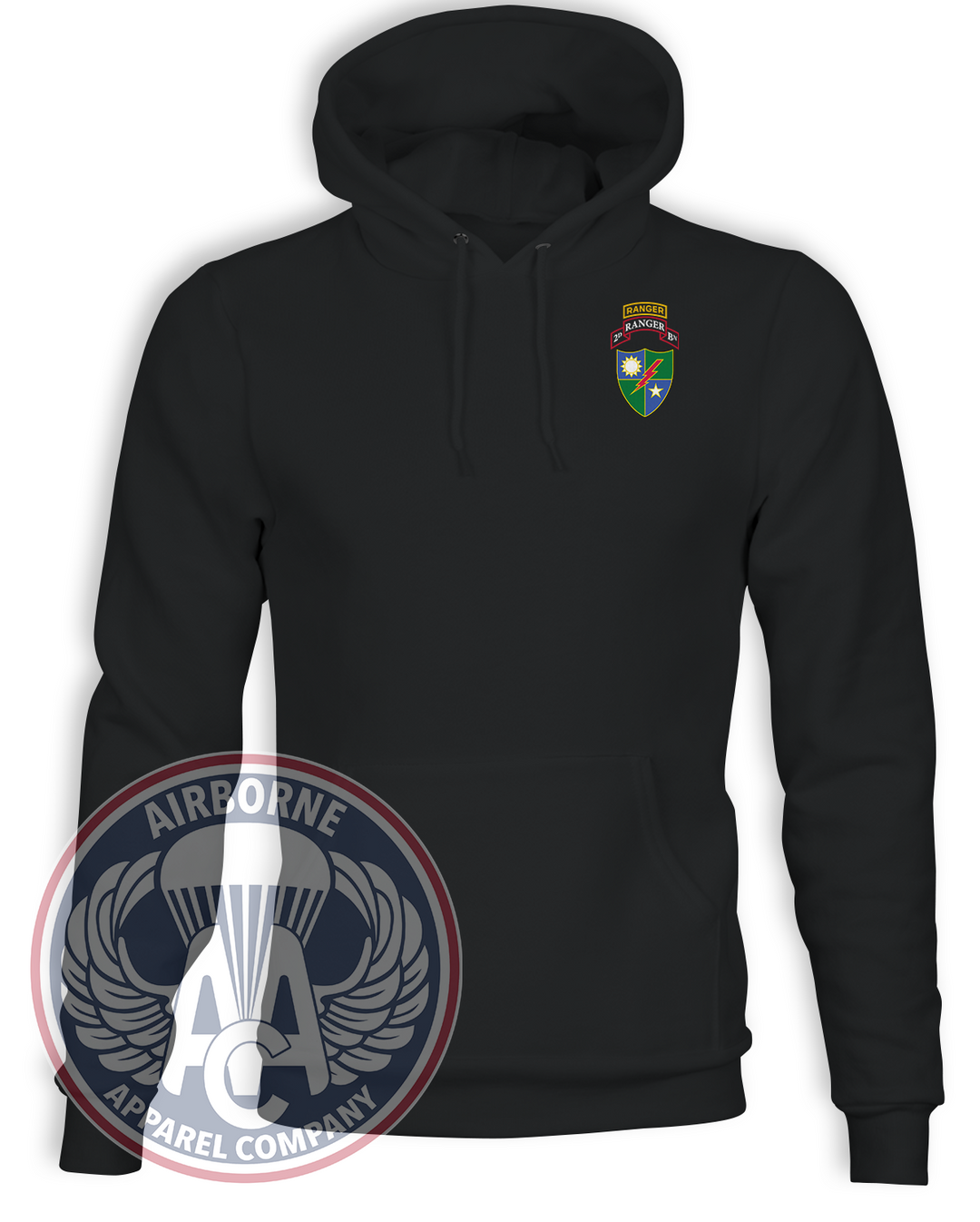 75th Ranger Regiment 2nd Battalion, Ranger tab, scroll and crest, Black Champion hoodie