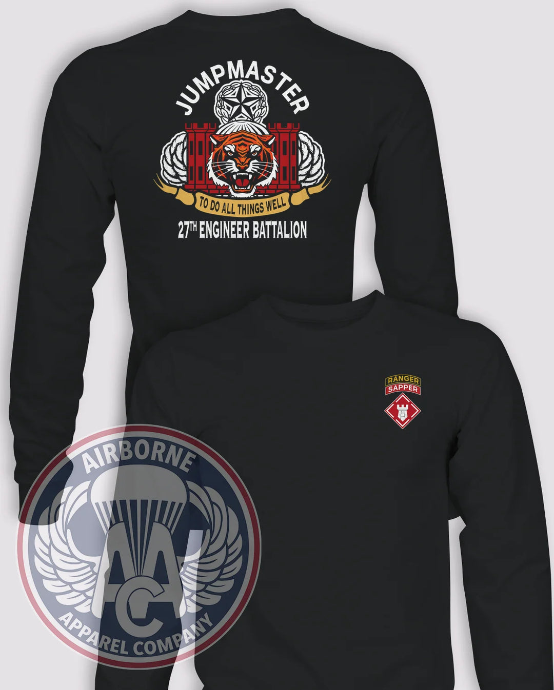 27th Engineer Battalion Jumpmaster Long-Sleeve PT T-Shirt (Official), Black, front and back views