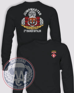 27th Engineer Battalion Jumpmaster Long-Sleeve PT T-Shirt (Official), Black, front and back views
