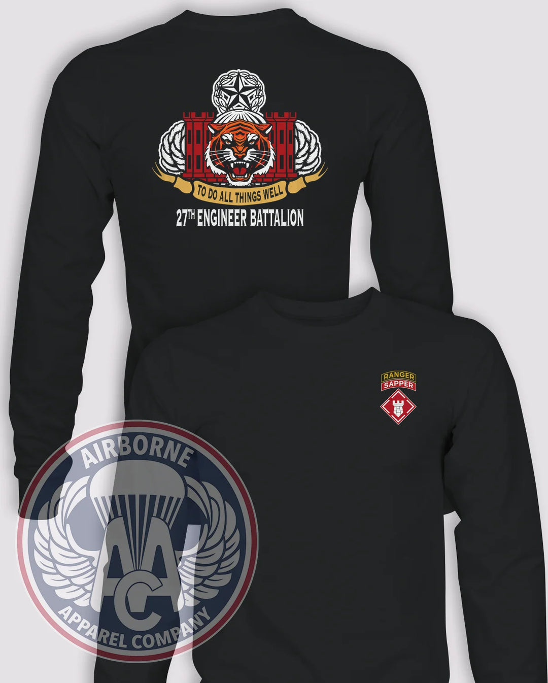 27th Engineer Battalion Long-Sleeve PT T-Shirt (Official), Black, front and back views