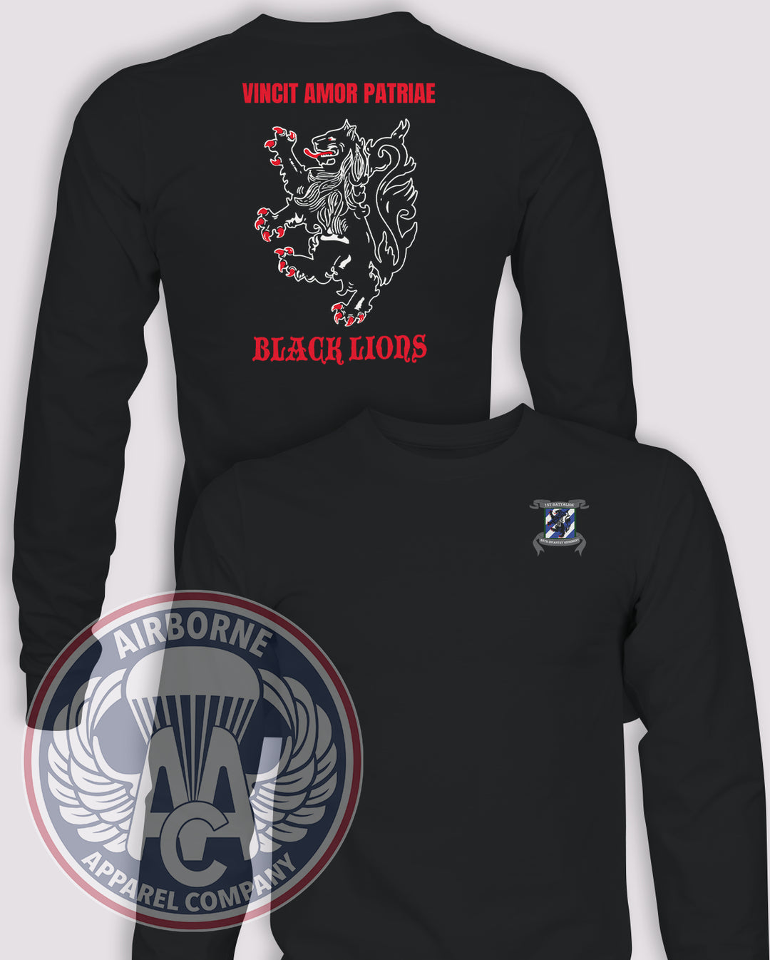 1st Battalion 28th Infantry "Black Lions" Long-Sleeve T-Shirt, Black, front and back views