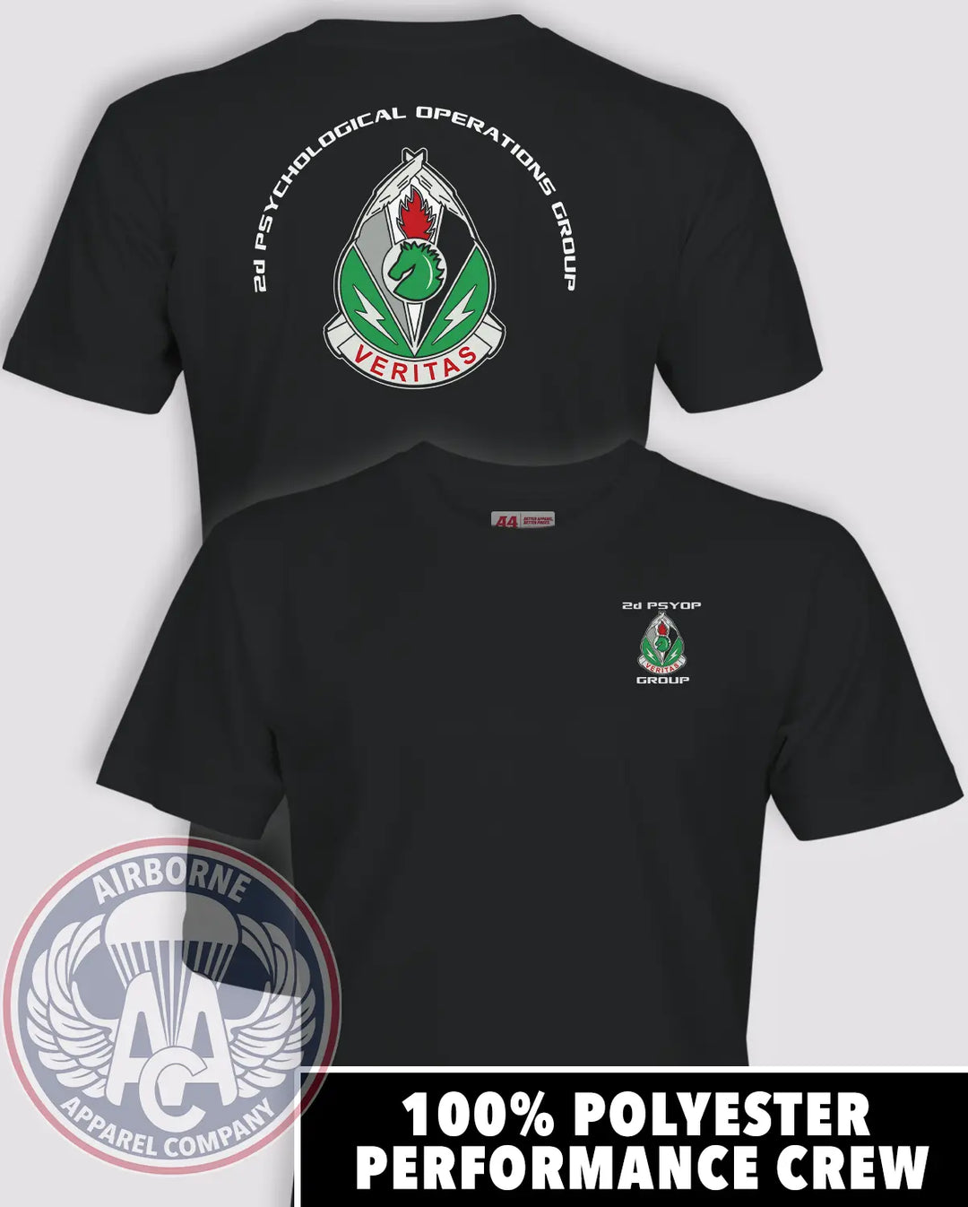 2nd Psychological Operations Group black performance T-shirt, front and back views
