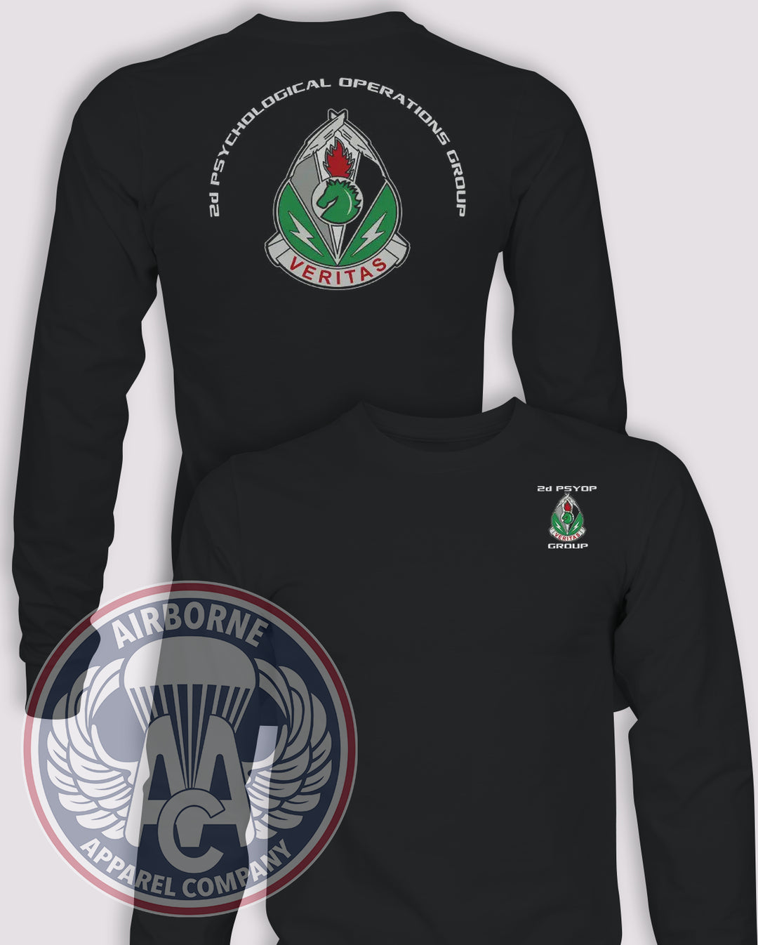 2nd Psychological Operations Group Long-Sleeve T-Shirt, Black, front and back views