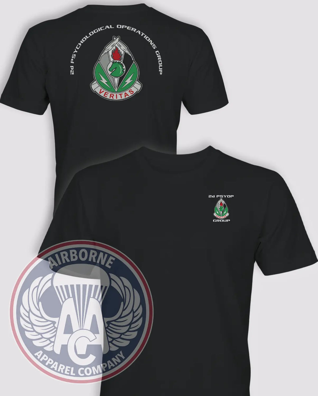 2nd Psychological Operations Group black lightweight cotton T-shirt, front and back views