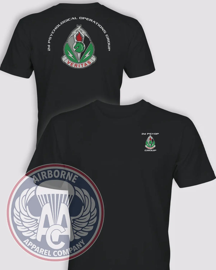 2nd Psychological Operations Group black lightweight cotton T-shirt, front and back views