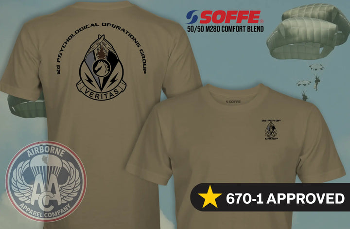 2nd Psychological Operations Group 670-1 Coyote Brown T-shirt, front and back views