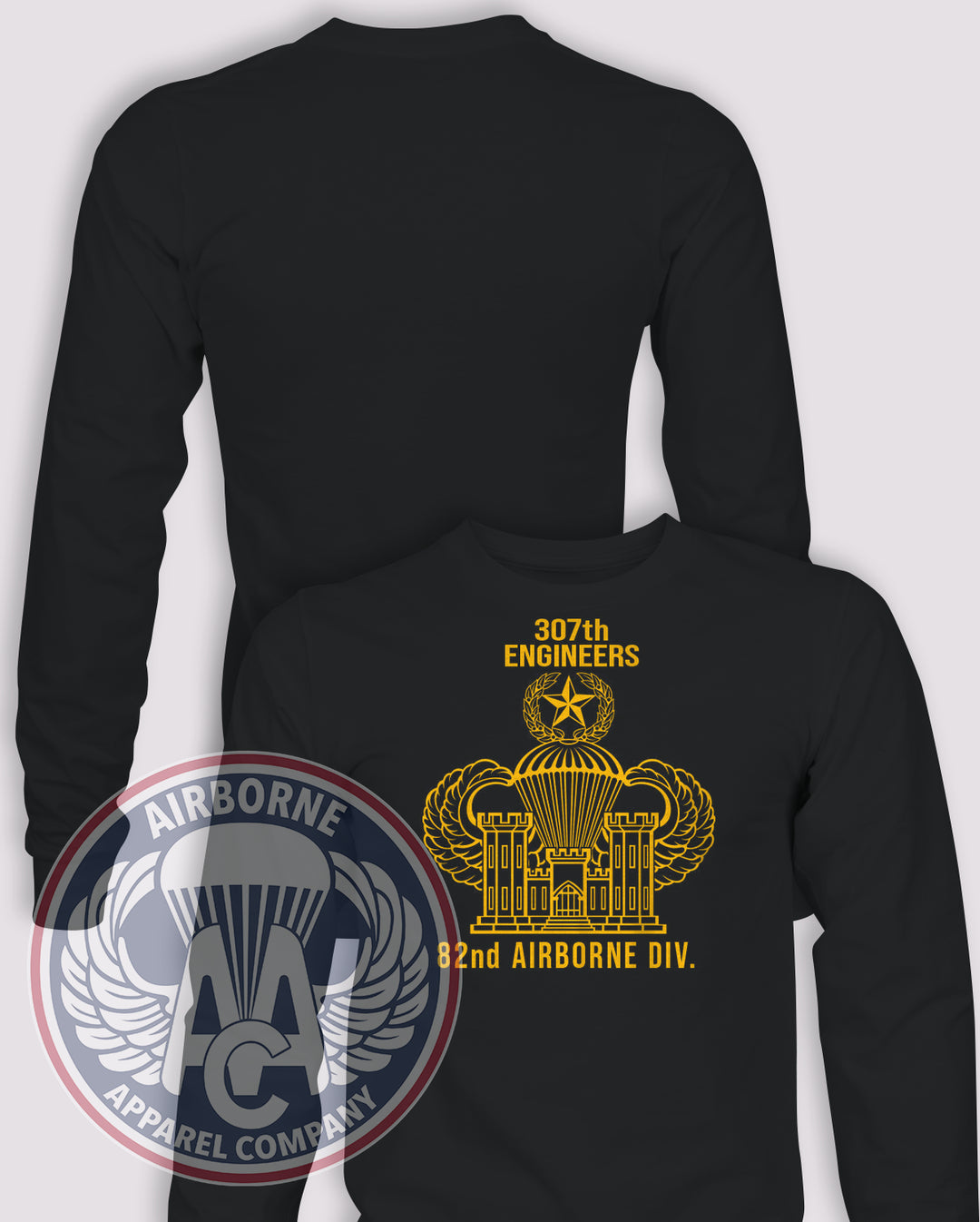 307th Engineers Castle &amp; Wings Classic Long Sleeve T-shirt in Black, front design with blank back and sleeves.