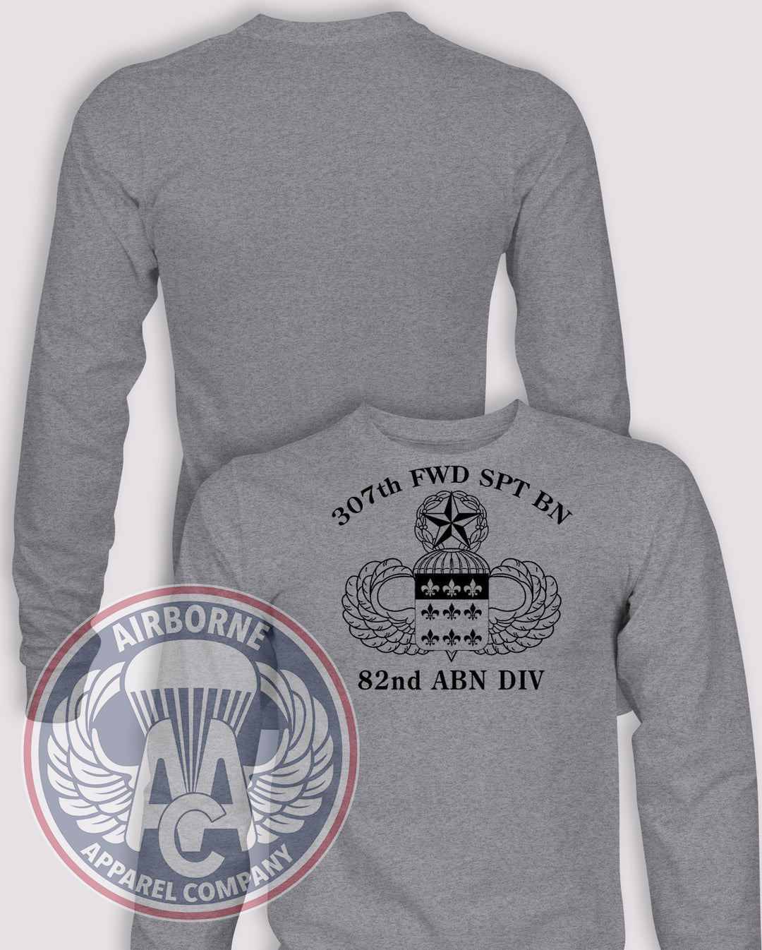 307th FWD SPT BN 1990s Reproduction Long Sleeve T-shirt – Heather Grey – 307FSB-001; front print, blank back and sleeves