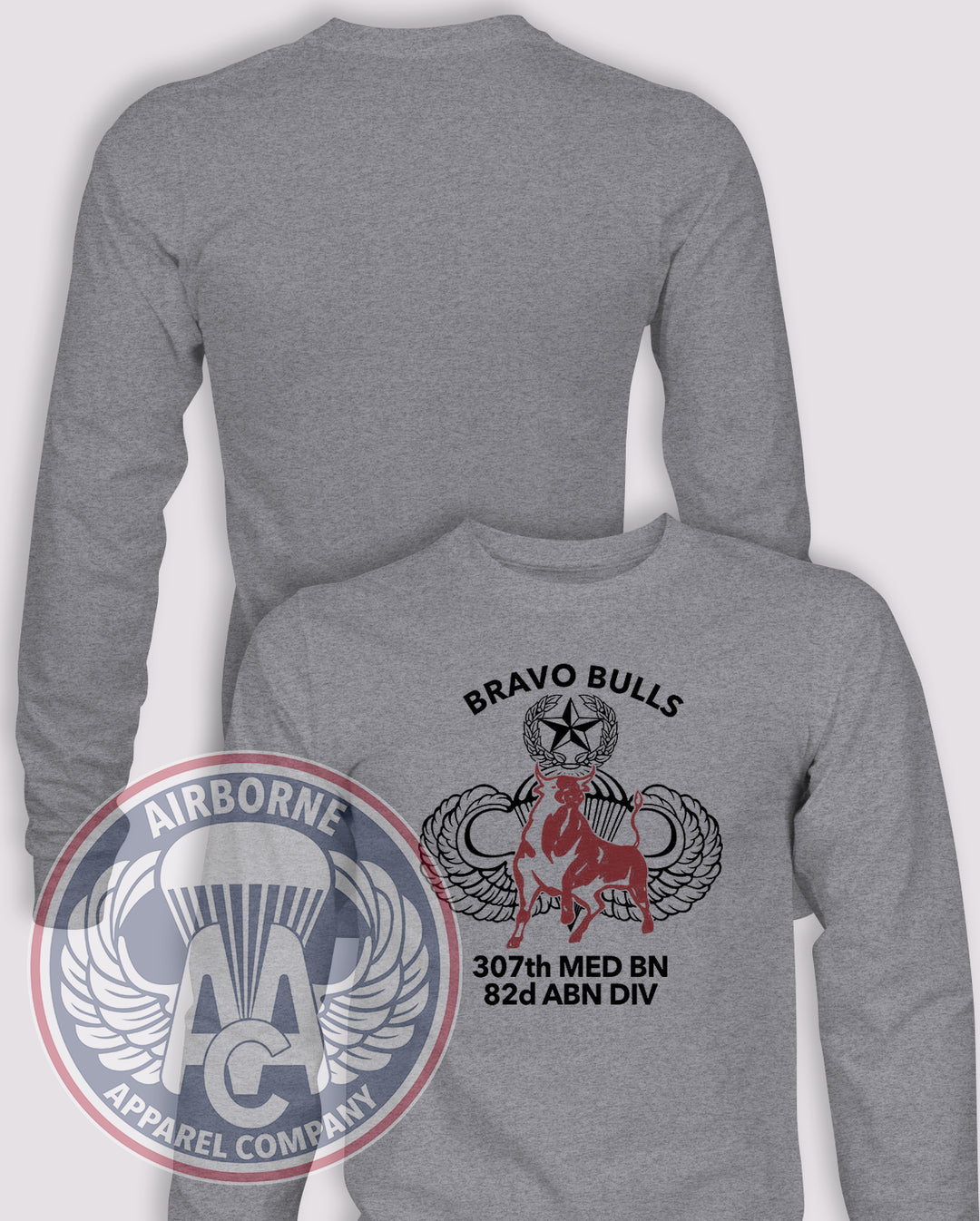 307th Medical Battalion Bravo Bulls Reproduction Long Sleeve T-shirt – Heather Grey – 307MED-B-001C; front print, blank back and sleeves