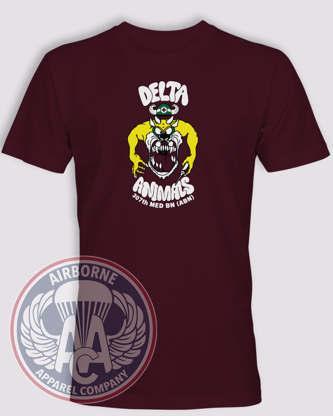 307th Medical Battalion Delta Animals 90s Throwback T-shirt in Maroon