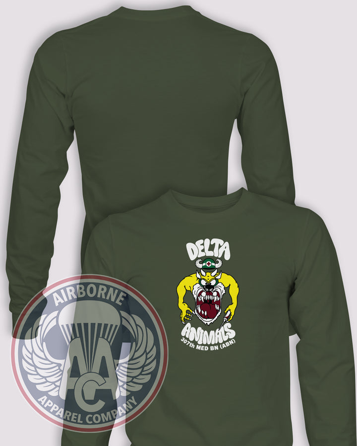 307th Medical Battalion "Delta Animals" 90s Throwback Long-Sleeve T-Shirt, OD Green, front and back views