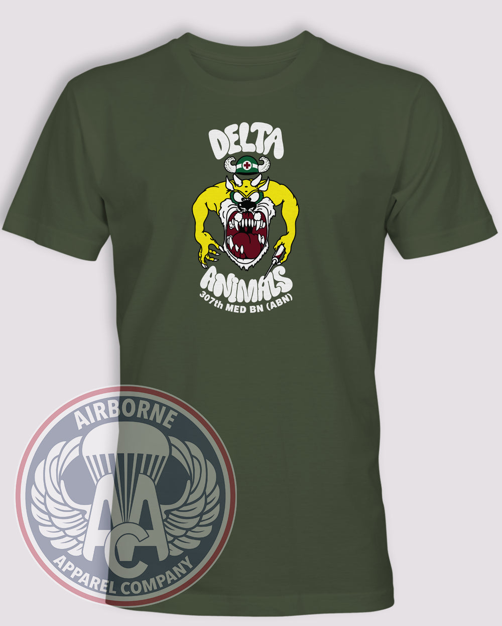 307th Medical Battalion Delta Animals 90s Throwback T-shirt in OD Green