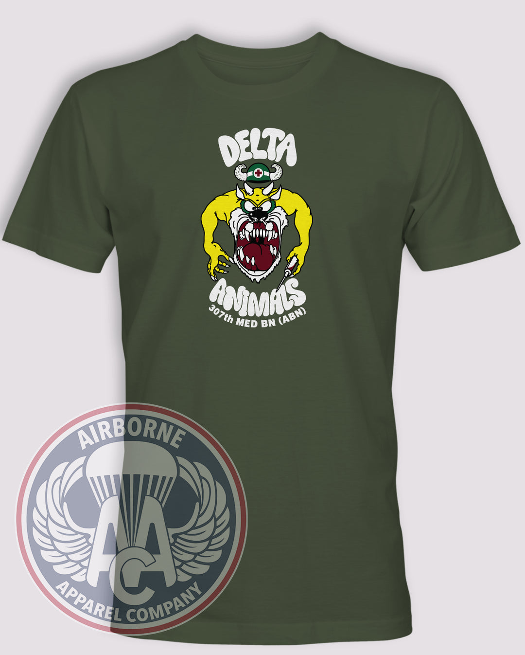 307th Medical Battalion Delta Animals 90s Throwback T-shirt in OD Green