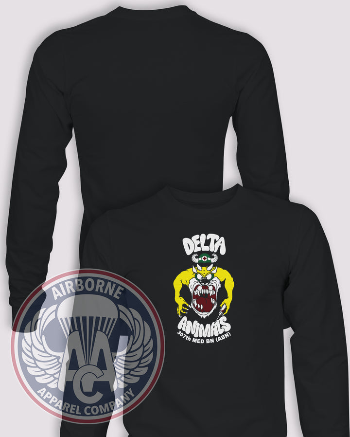 307th Medical Battalion "Delta Animals" 90s Throwback Long-Sleeve T-Shirt, Black, front and back views