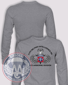 313th MI Snowy Owl Reproduction Long Sleeve T-shirt – Heather Grey – 313MI-001A; front print, blank back and sleeves