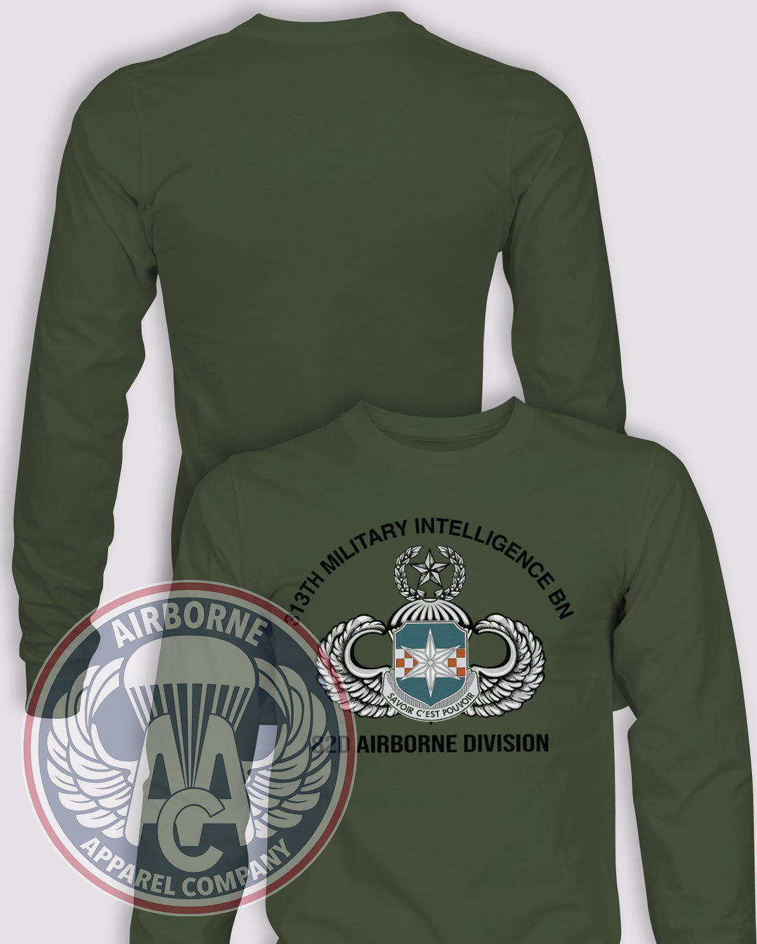 313th Military Intelligence Battalion DUI Long Sleeve T-shirt – OD Green – 313MI-003B; front print, blank back and sleeves