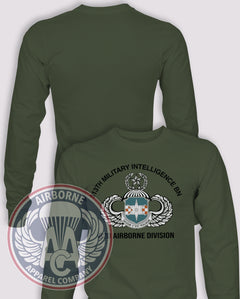 313th Military Intelligence Battalion DUI Long Sleeve T-shirt – OD Green – 313MI-003B; front print, blank back and sleeves