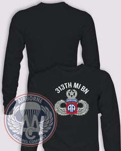 313TH MI 1980s Reproduction Long Sleeve T-shirt – Black – 313MI-004; front print, blank back and sleeves