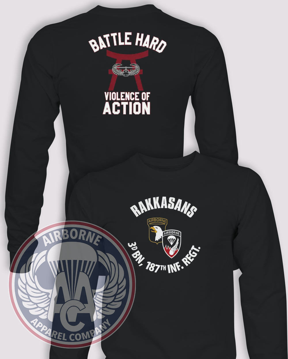 3-187 Violence of Action Reproduction Long-Sleeve T-Shirt, Black, front and back views